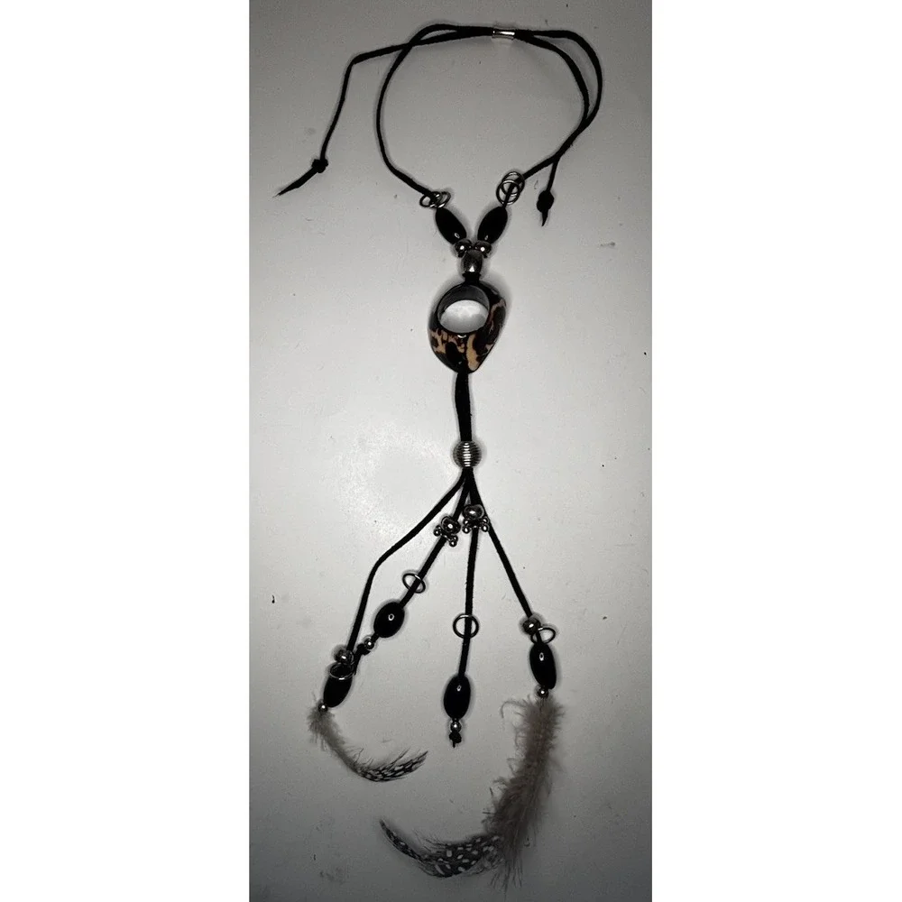 Y2K Boho Faux Tortoise Resin Pendant Necklace Feather Tassel Lariat